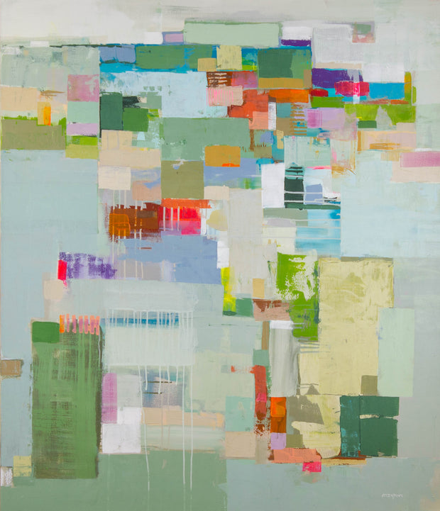 Andrea Ottenjann, Dein verrücktes Herz – Acryl auf Leinwand, 120 × 140 cm, großformatige Komposition aus Farbflächen in Salbeigrün, Hellblau und Gelb
