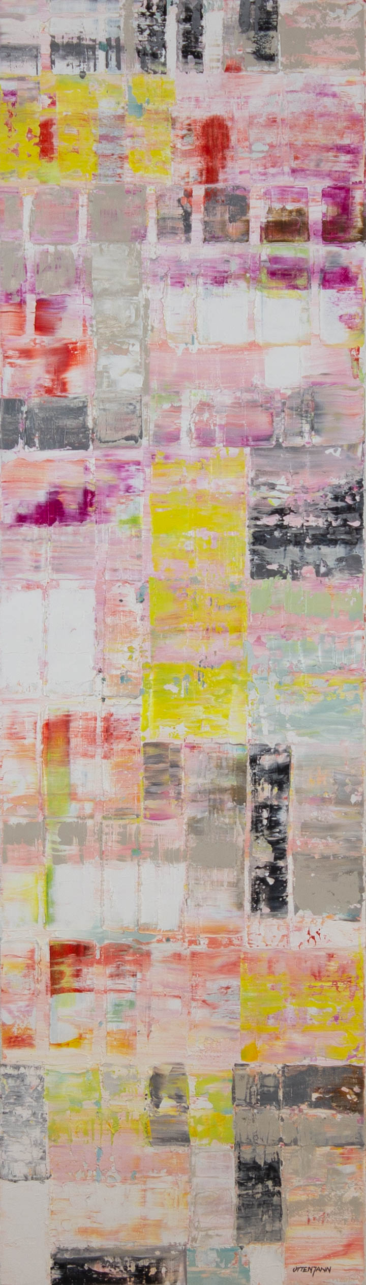 Andrea Ottenjann, Veränderte Realität – Acryl auf Leinwand, 40 × 140 cm, schmales Hochformat mit Farbfeldern in Rosa, Gelb und Grau