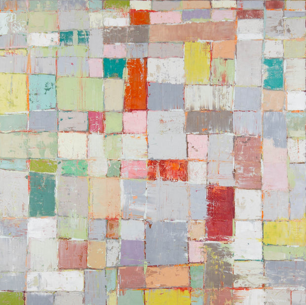 Andrea Ottenjann, Zusammen – Acryl auf Leinwand, 100 × 100 cm, Raster aus gespachtelten Farbfeldern in Pastelltönen mit roten und türkisen Akzenten