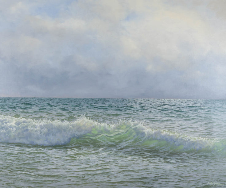 Carolin Wehrmann, Echoes of Light – Öl auf Leinwand, 120 × 100 cm, gerahmt in Schattenfuge weiß mit Silber