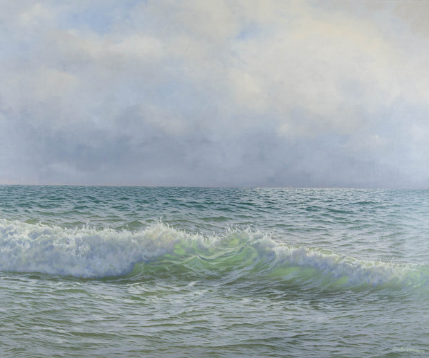 Carolin Wehrmann, Echoes of Light – Öl auf Leinwand, 120 × 100 cm, gerahmt in Schattenfuge weiß mit Silber