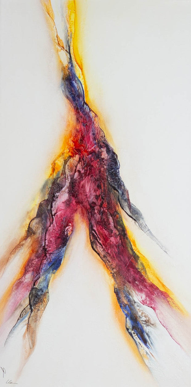 Gisela Überall, Abstrakt (1) – Acryl auf Leinwand, 40 × 80 cm, aufsteigende Form in Rot, Magenta und Blau mit gelben Lichtkanten auf weißem Grund