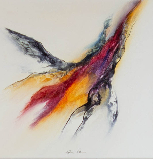 Gisela Überall, Abstrakt (2) – Acryl auf Leinwand, 40 × 40 cm, diagonale Form in Rot, Orange und Gelb mit dunklen Konturen auf hellem Grund