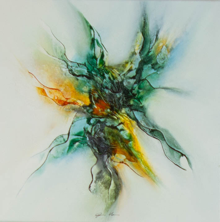 Gisela Überall, Abstrakt (3) – Acryl auf Leinwand, 40 × 40 cm, organische Form in Dunkelgrün und Orange auf hellblauem Grund