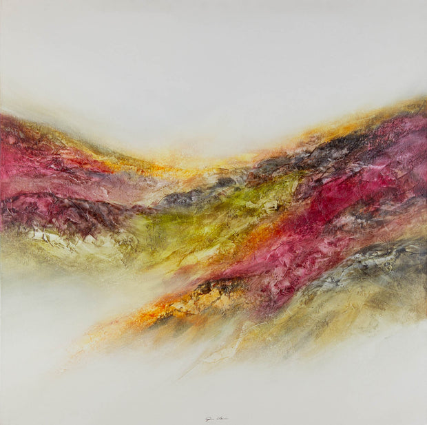 Gisela Überall, Abstrakt (5) – Acryl auf Leinwand, 100 × 100 cm, diagonale Farbbänder in Magenta, Ocker und Olivgrün auf cremeweißem Grund