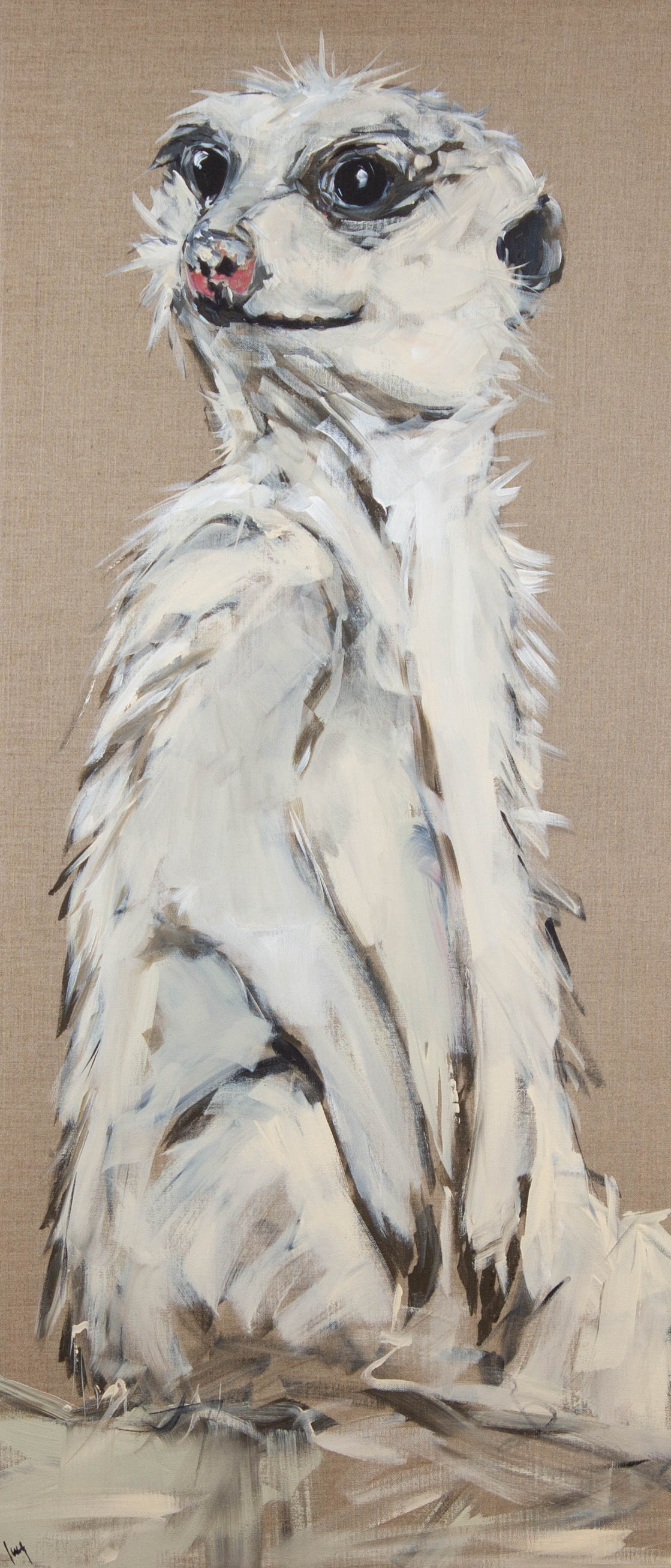 Ines Ramm, Cäsar – Acryl auf Leinwand, 63 × 140 cm, Erdmännchen im Hochformat auf naturbelassenem Leinen