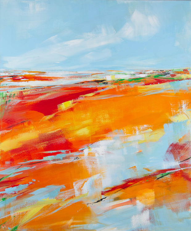 Ines Ramm, Happy Colours – Acryl auf Leinwand, 100 × 120 cm, weite Küstenlandschaft in Orange, Rot und Hellblau