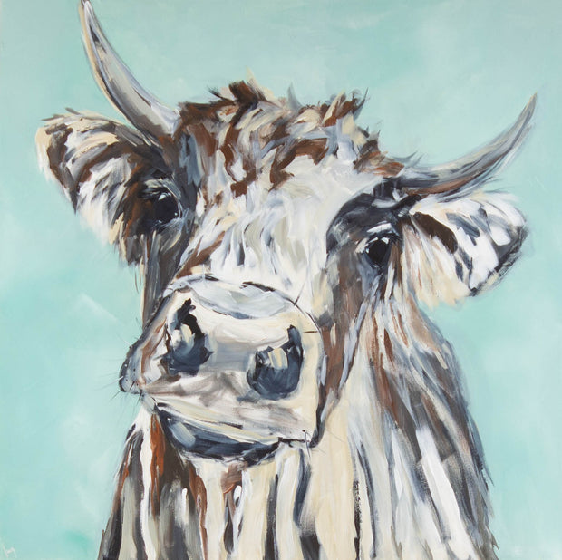 Ines Ramm, Muhrielle – Acryl auf Leinwand, 85 × 85 cm, Porträt eines Hochlandrinds vor mintgrünem Grund