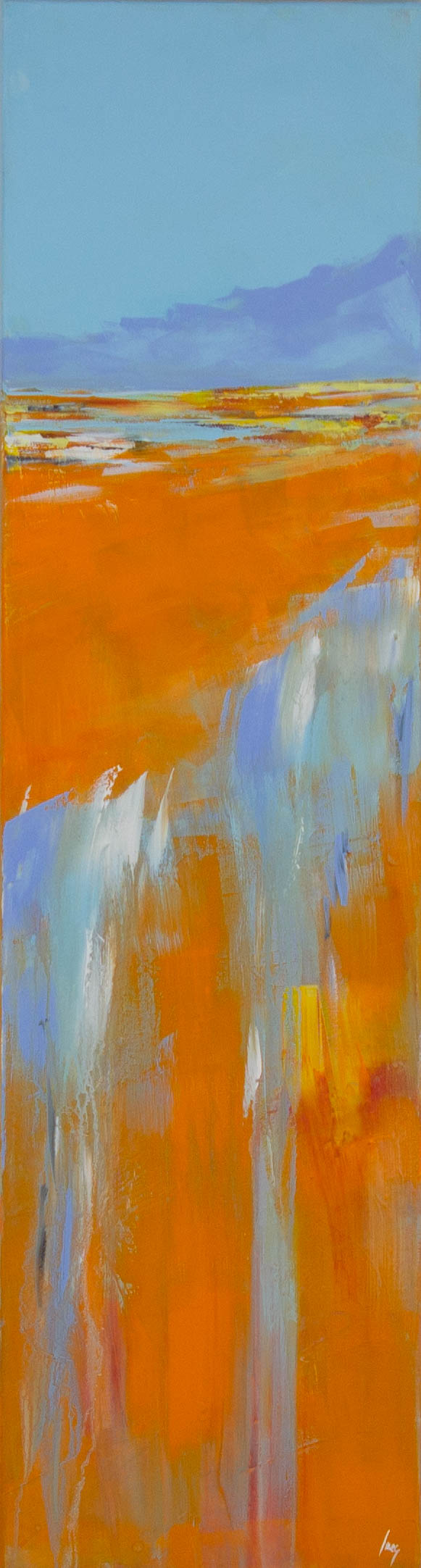 Ines Ramm, Summer Fields – Acryl auf Leinwand, 32 × 120 cm, schmales Hochformat mit oranger Landschaft unter blauem Himmel