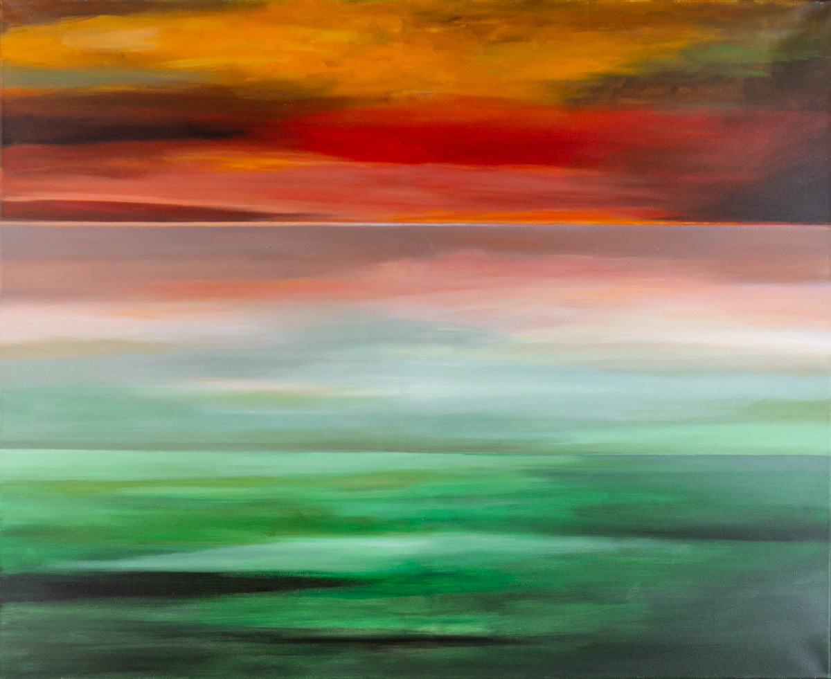 Leander, Red Sunset – Mischtechnik auf Leinwand, 110 × 90 cm, abstrakte Landschaft in Rottönen