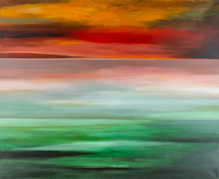 Leander, Red Sunset – Mischtechnik auf Leinwand, 110 × 90 cm, abstrakte Landschaft in Rottönen