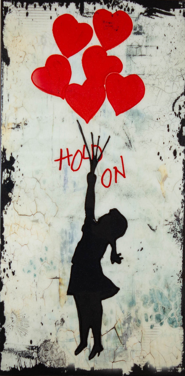 Micha Baker, Hold on Balloons – tribute Banksy, Epoxy auf Aluminium, 60 × 120 cm