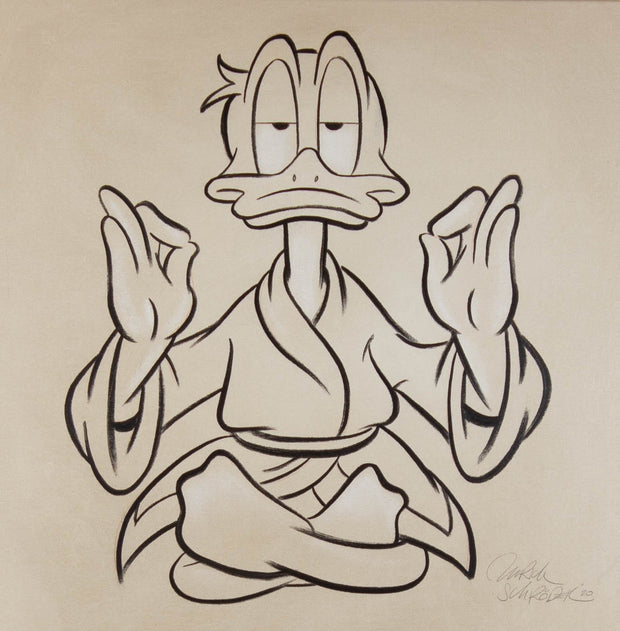 Ulrich Schröder, Donald Yogi – Kohle auf Acryl, 75 × 75 cm, Kohlezeichnung einer meditierenden Figur im Schneidersitz