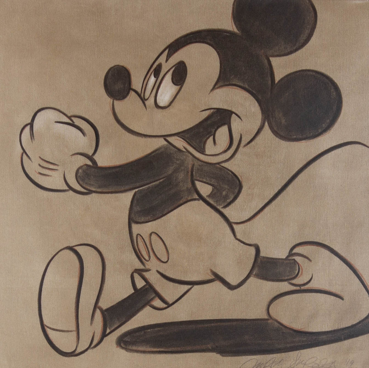 Ulrich Schröder, Mickey (gehend) – Kohle auf Acryl, 75 × 75 cm, Kohlezeichnung in Sepiatönen auf getöntem Grund