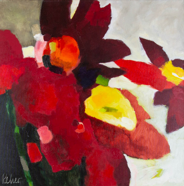 Dr. Uwe Reher, Crimson Beauty – Acryl auf Leinwand, 80 × 80 cm, dunkelrote und gelbe Blüten vor hellem Grund