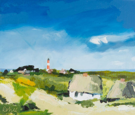 Dr. Uwe Reher, Leuchtturm Hörnum – Acryl auf Leinwand, 60 × 50 cm, Sylter Dünenlandschaft mit rot-weißem Leuchtturm unter blauem Himmel