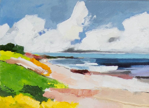 Dr. Uwe Reher, Listland-Ellenbogen – Acryl auf Leinwand, 40 × 30 cm, Sylter Strand mit Dünen und Wolkenhimmel über der Nordsee