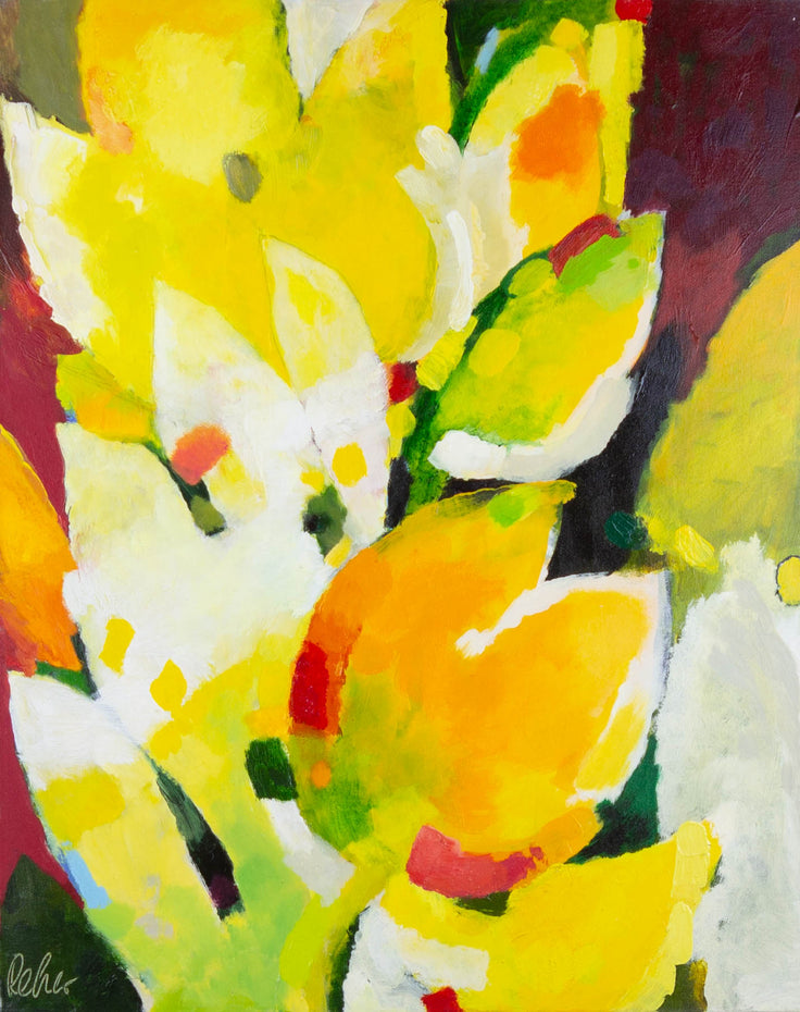 Dr. Uwe Reher, Mrs. Moon (Tulpen) – Acryl auf Leinwand, 80 × 100 cm, gelbe und weiße Tulpen in kräftiger Ölmalerei