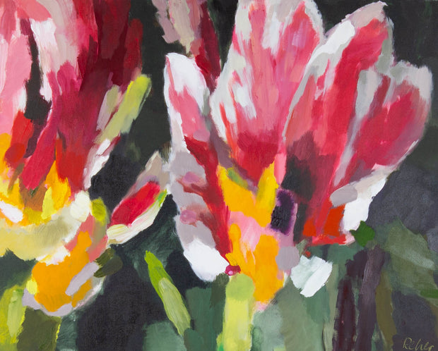 Dr. Uwe Reher, Tulpia Parot – Acryl auf Leinwand, 100 × 80 cm, rot-weiße Papageientulpen vor dunklem Grund